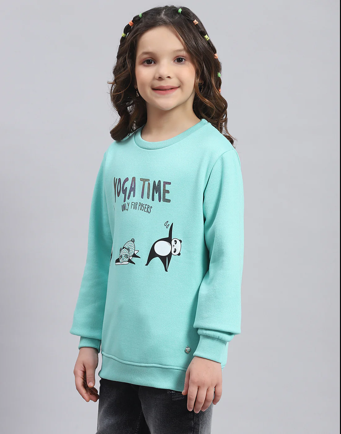 Girls Turquoise Blue Printed Round Neck Full Sleeve Sweatshirt - Image 4