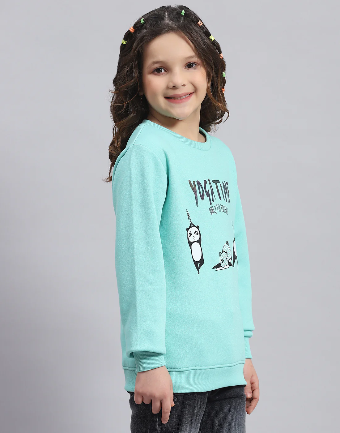 Girls Turquoise Blue Printed Round Neck Full Sleeve Sweatshirt - Image 5
