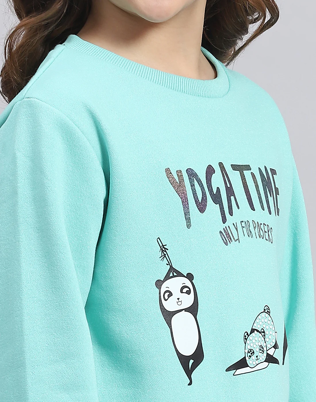Girls Turquoise Blue Printed Round Neck Full Sleeve Sweatshirt - Image 7