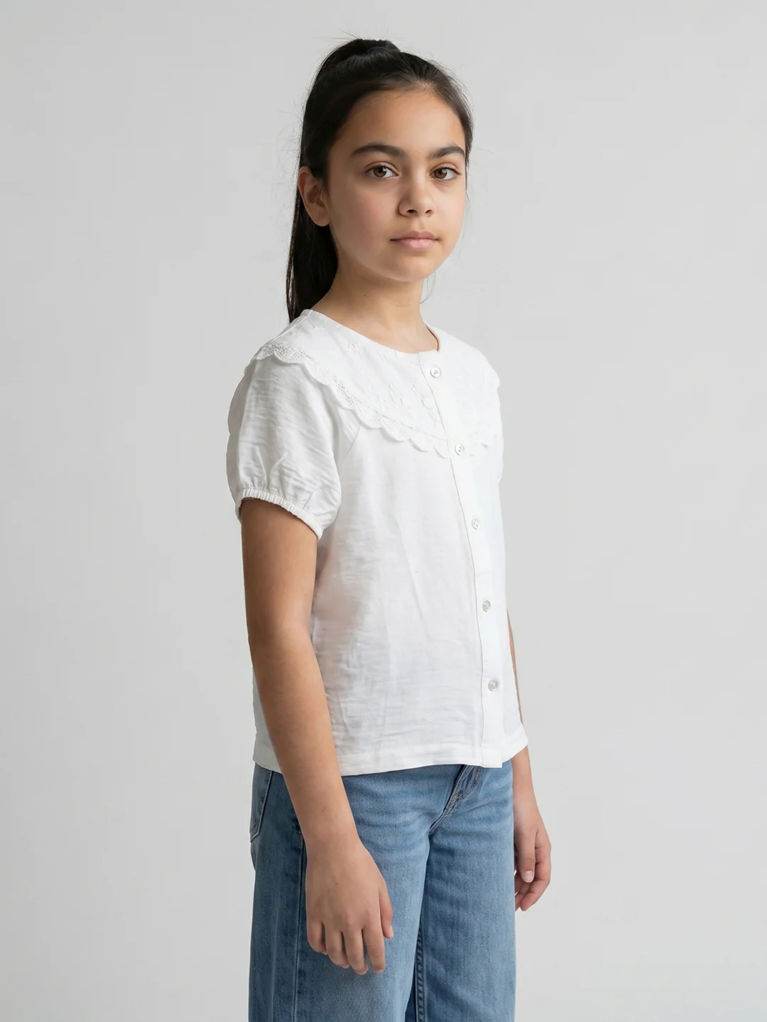 Girls White Embroidered V Neck Half Sleeve Top - Image 2