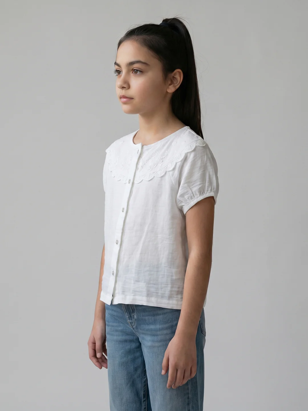 Girls White Embroidered V Neck Half Sleeve Top - Image 3