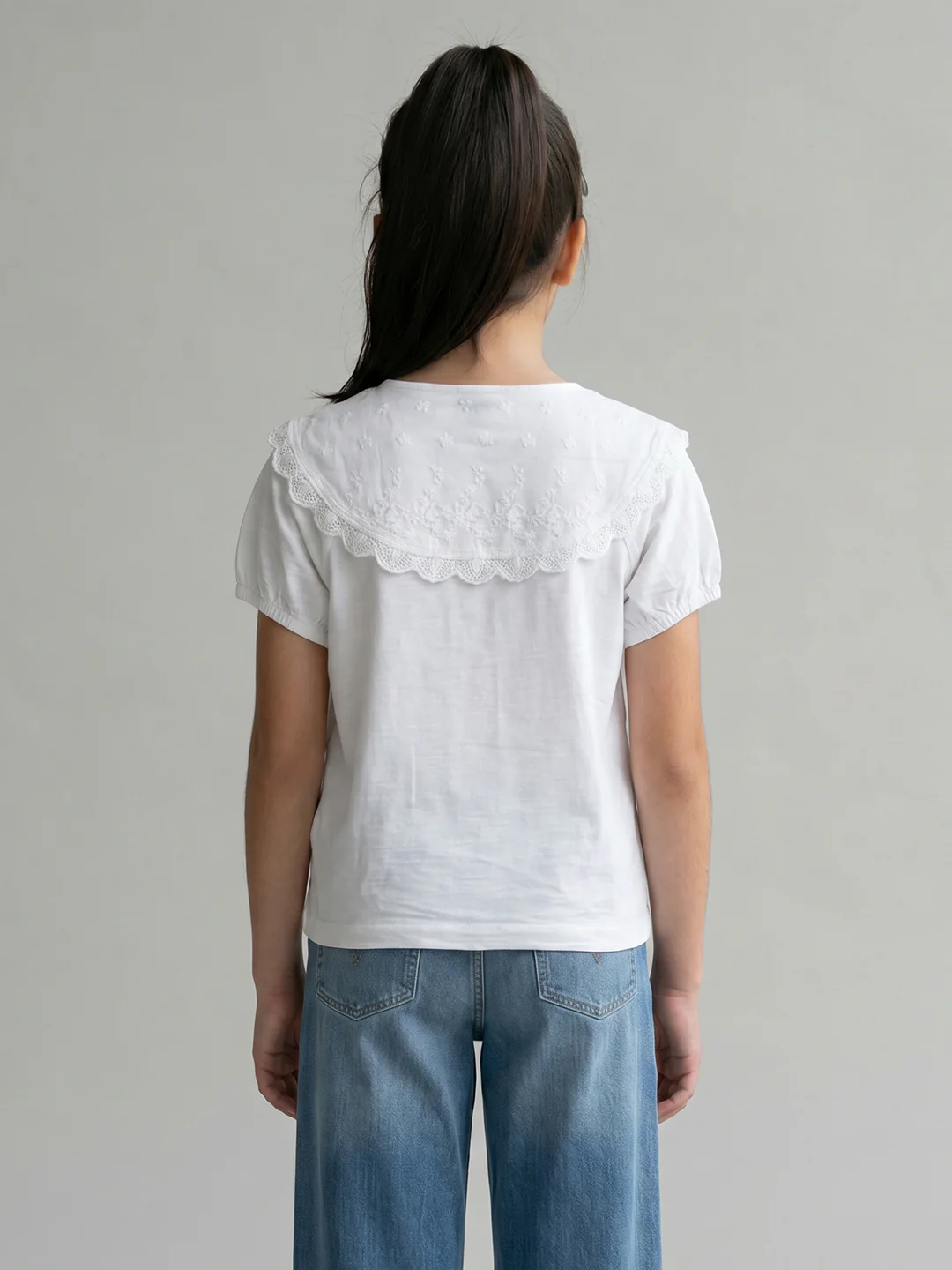 Girls White Embroidered V Neck Half Sleeve Top - Image 4