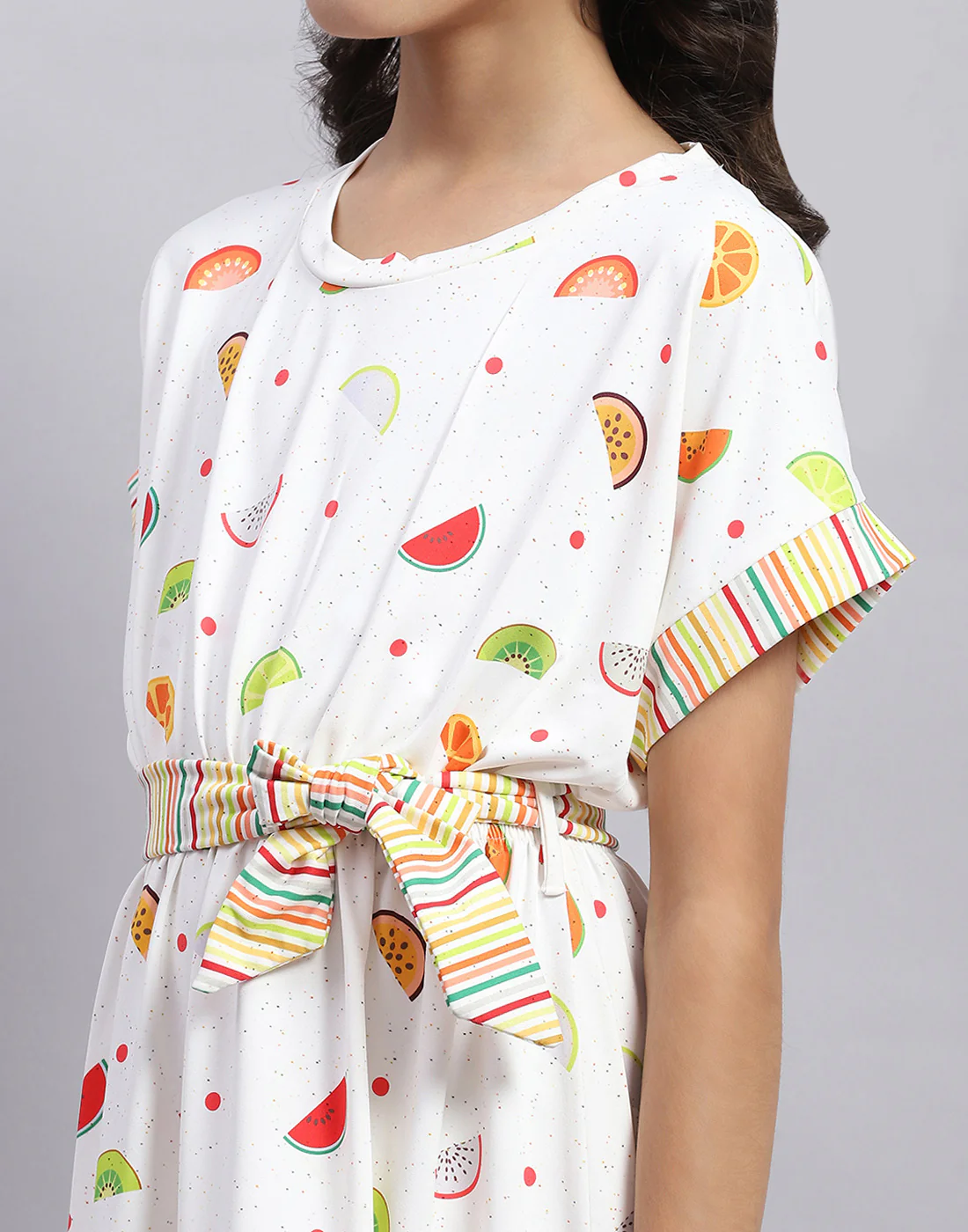Girls White Printed Round Neck Half Sleeve Dress - Image 7