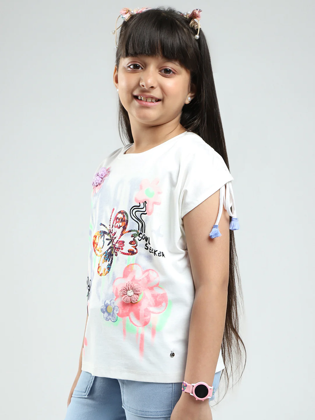Girls White Printed Round Neck Half Sleeve Top - Image 3