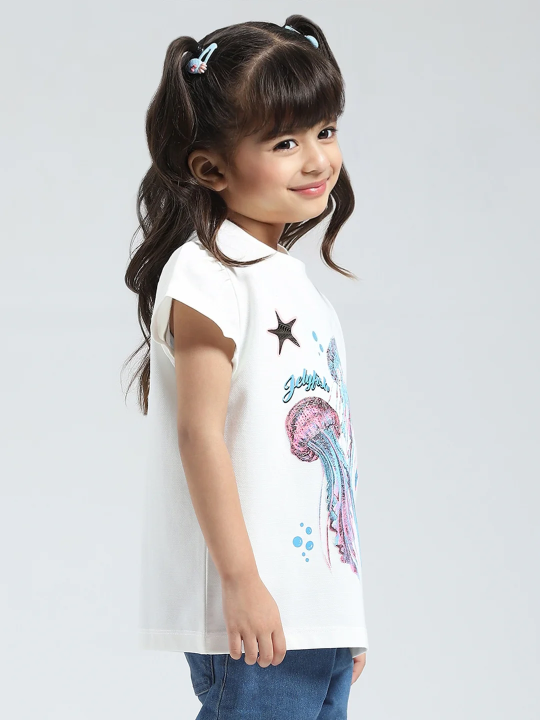 Girls White Printed Round Neck Half Sleeve Top - Image 4