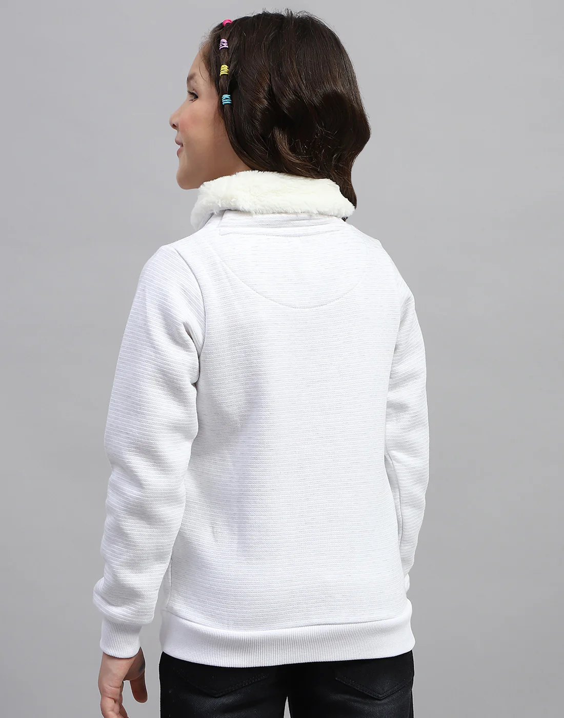 Girls White Solid High Neck Full Sleeve Sweatshirt - Image 5