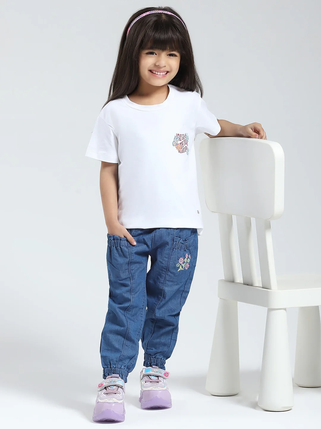 Girls White Solid Round Neck Half Sleeve Top - Image 2