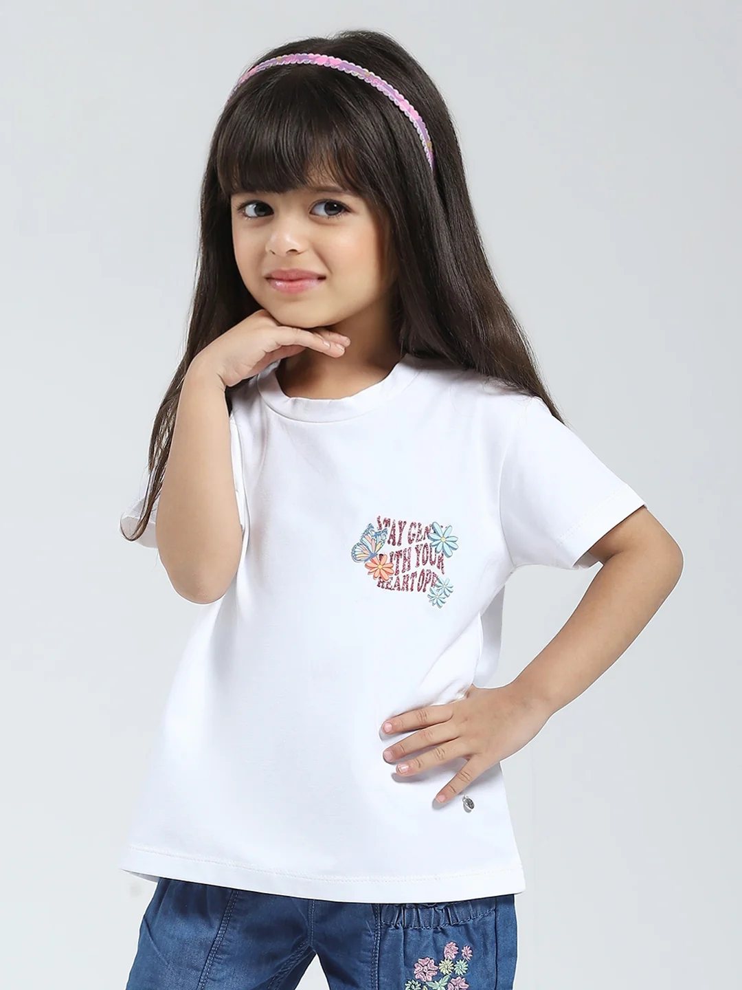 Girls White Solid Round Neck Half Sleeve Top - Image 3
