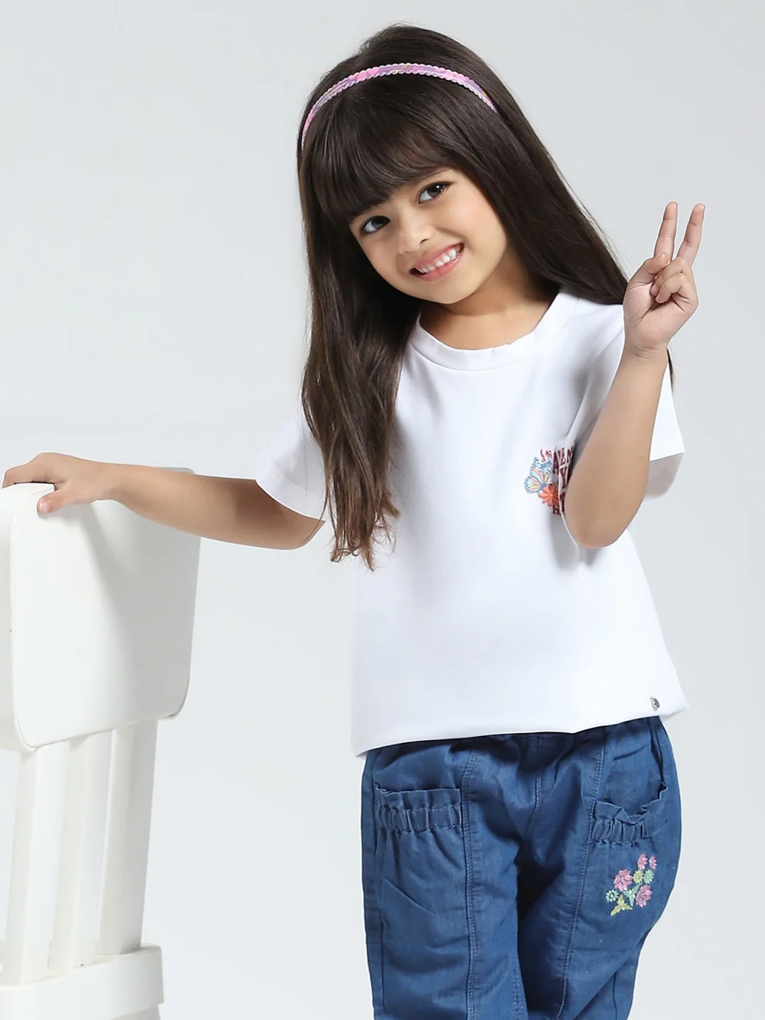 Girls White Solid Round Neck Half Sleeve Top - Image 6
