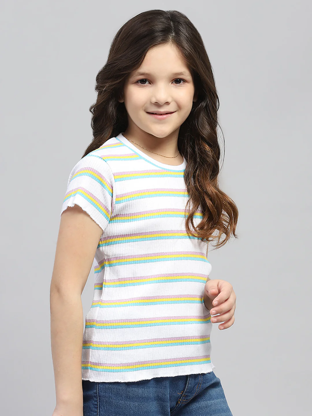 Girls White Stripe Round Neck Half Sleeve Top - Image 4