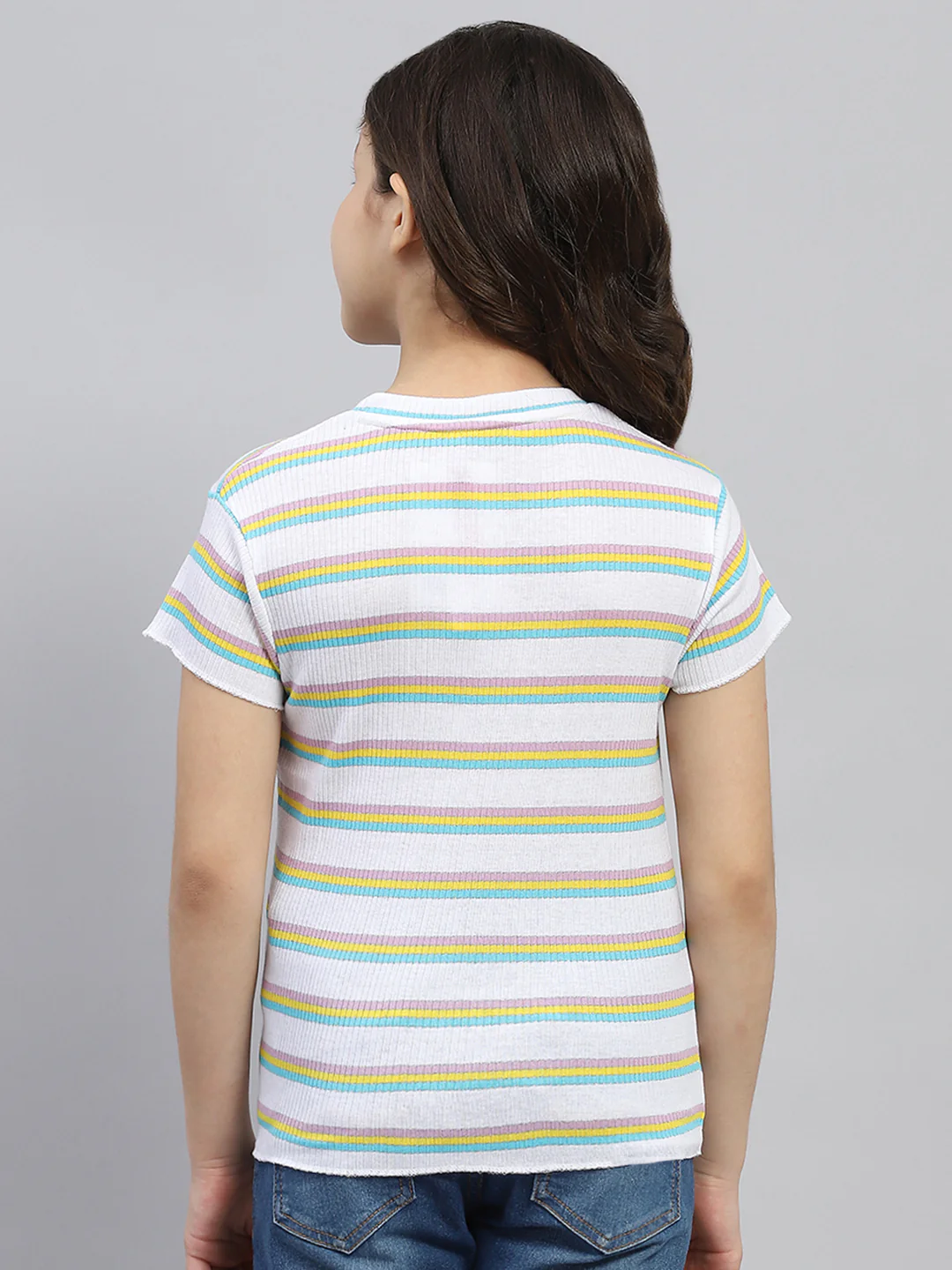 Girls White Stripe Round Neck Half Sleeve Top - Image 5