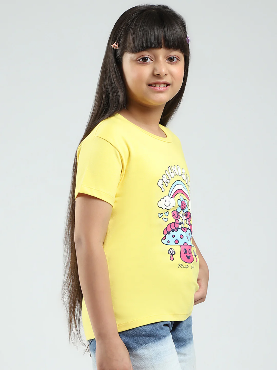 Girls Yellow & Orange Printed Round Neck Half Sleeve Top 2Pc Set - Image 5