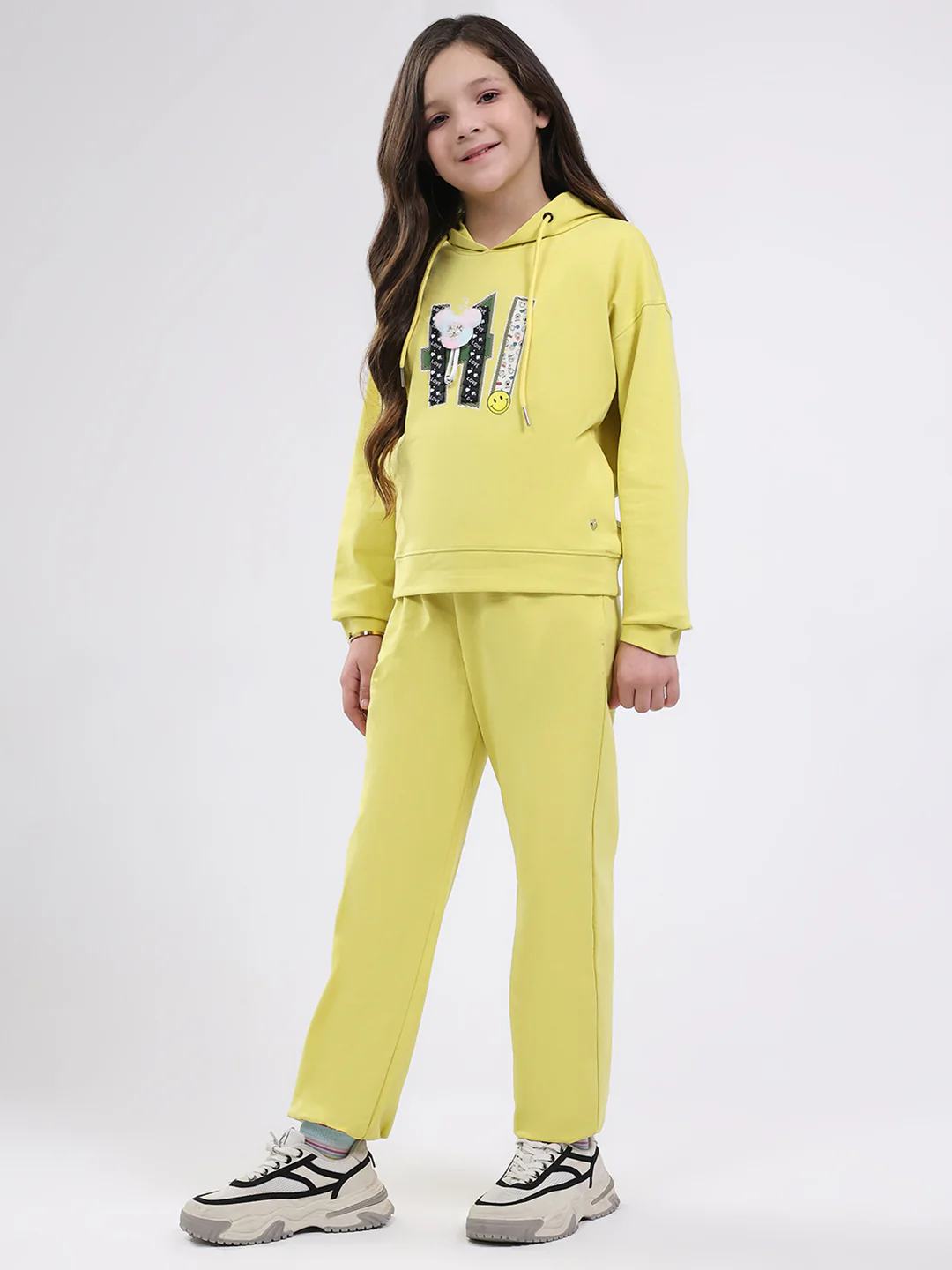 Girls Yellow Printed Hooded Full Sleeve Cords Set - Image 3