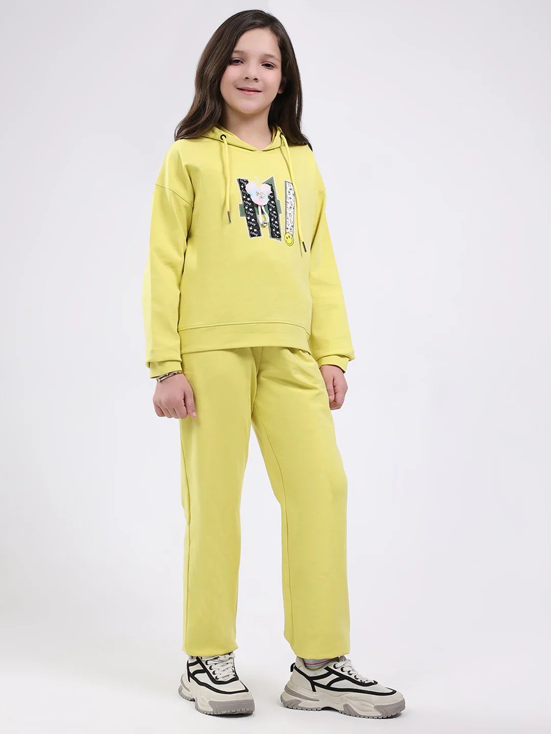 Girls Yellow Printed Hooded Full Sleeve Cords Set - Image 4