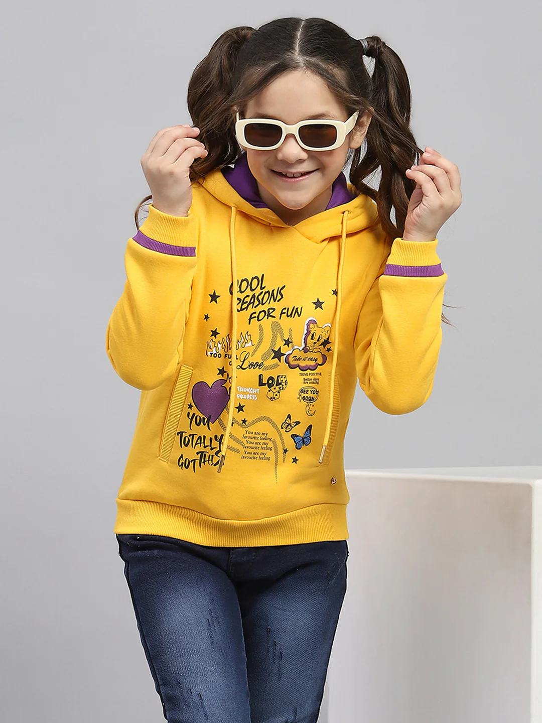 Girls Yellow Printed Hooded Full Sleeve Sweatshirt - Image 6