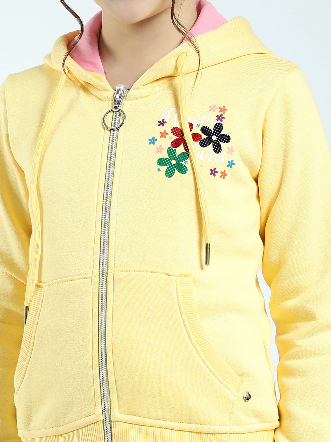 Girls Yellow Printed Hooded Full Sleeve Sweatshirt - Image 6