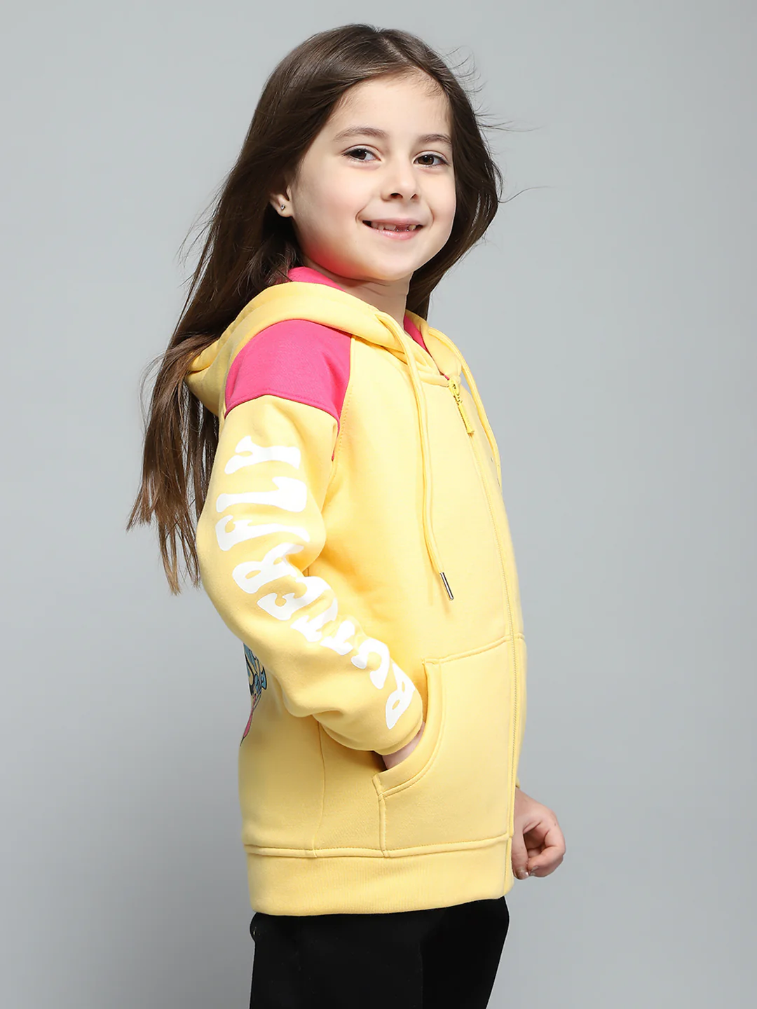 Girls Yellow Printed Hooded Full Sleeve Sweatshirt - Image 4