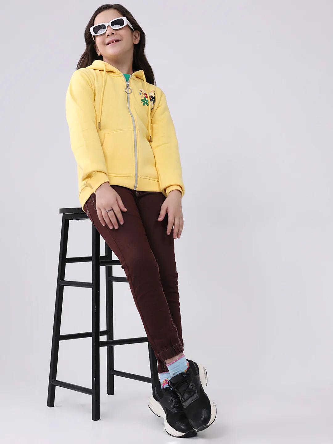 Girls Yellow Printed Hooded Full Sleeve Sweatshirt - Image 2