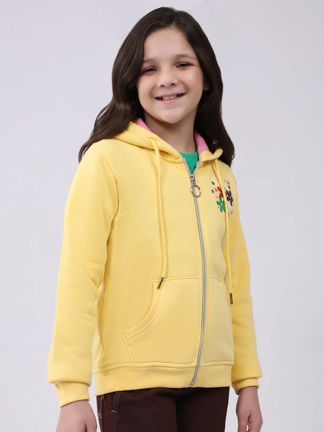 Girls Yellow Printed Hooded Full Sleeve Sweatshirt - Image 4