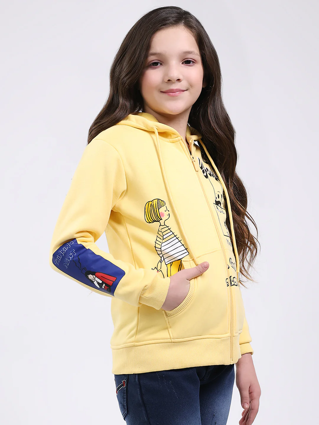 Girls Yellow Printed Hooded Full Sleeve Sweatshirt - Image 4