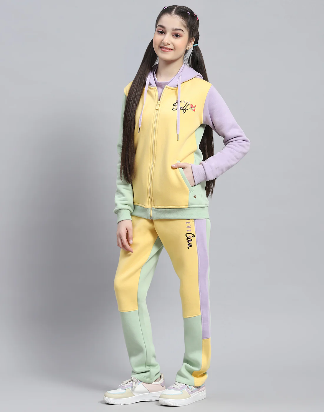 Girls Yellow Printed Hooded Full Sleeve Tracksuit - Image 3