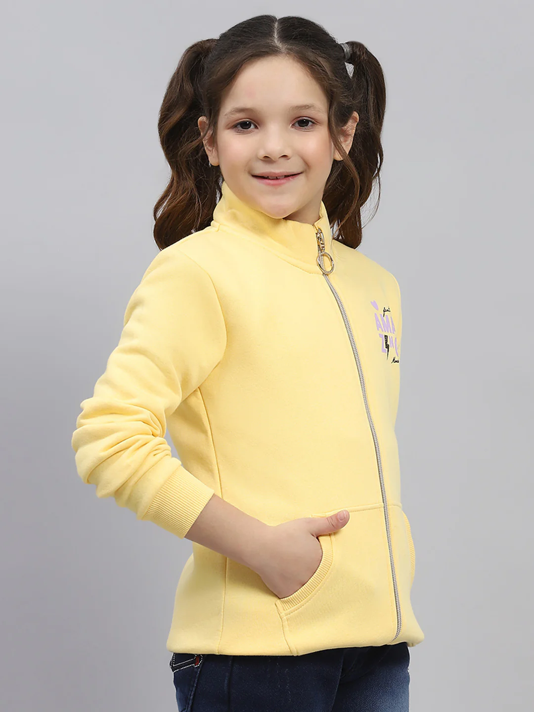 Girls Yellow Printed Mock Neck Full Sleeve Sweatshirt - Image 4