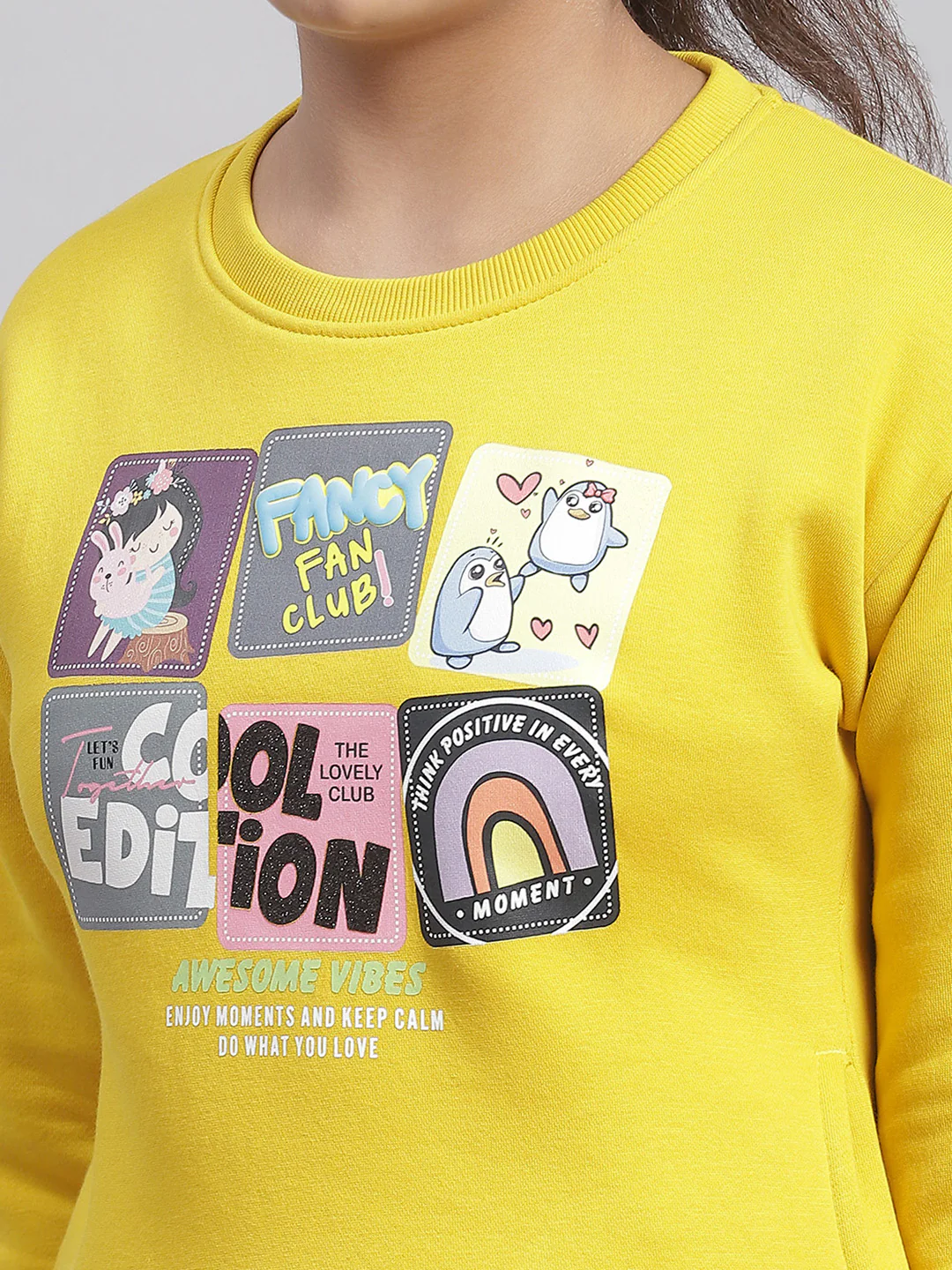 Girls Yellow Printed Round Neck Full Sleeve Sweatshirt - Image 6