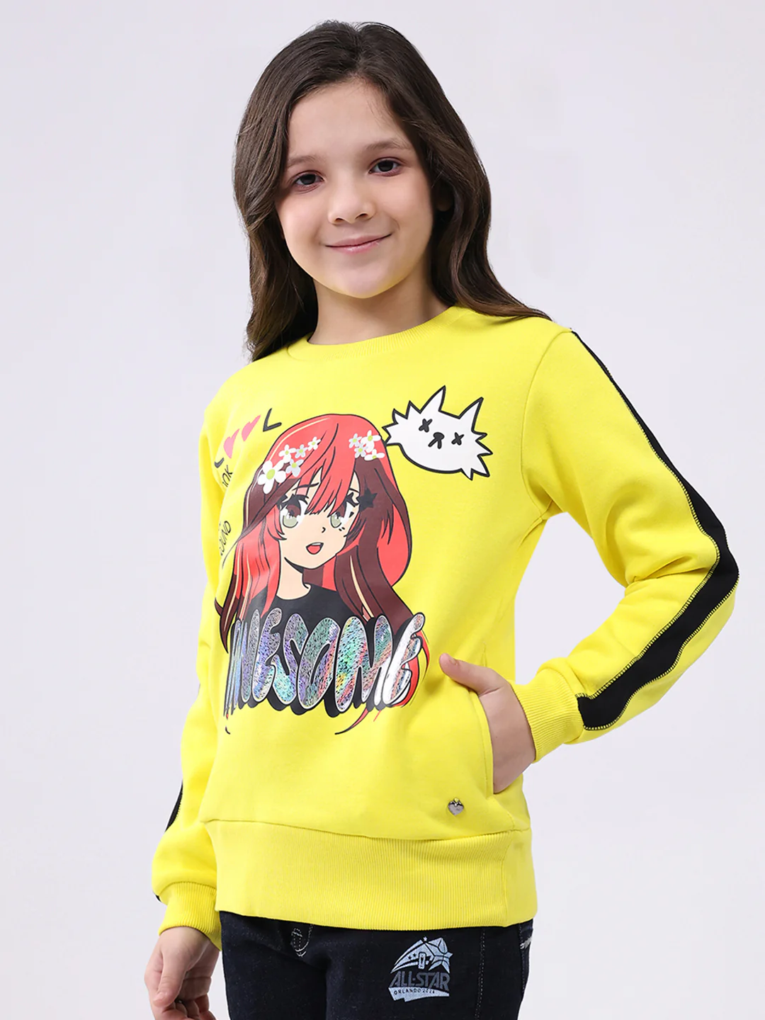 Girls Yellow Printed Round Neck Full Sleeve Sweatshirt - Image 3