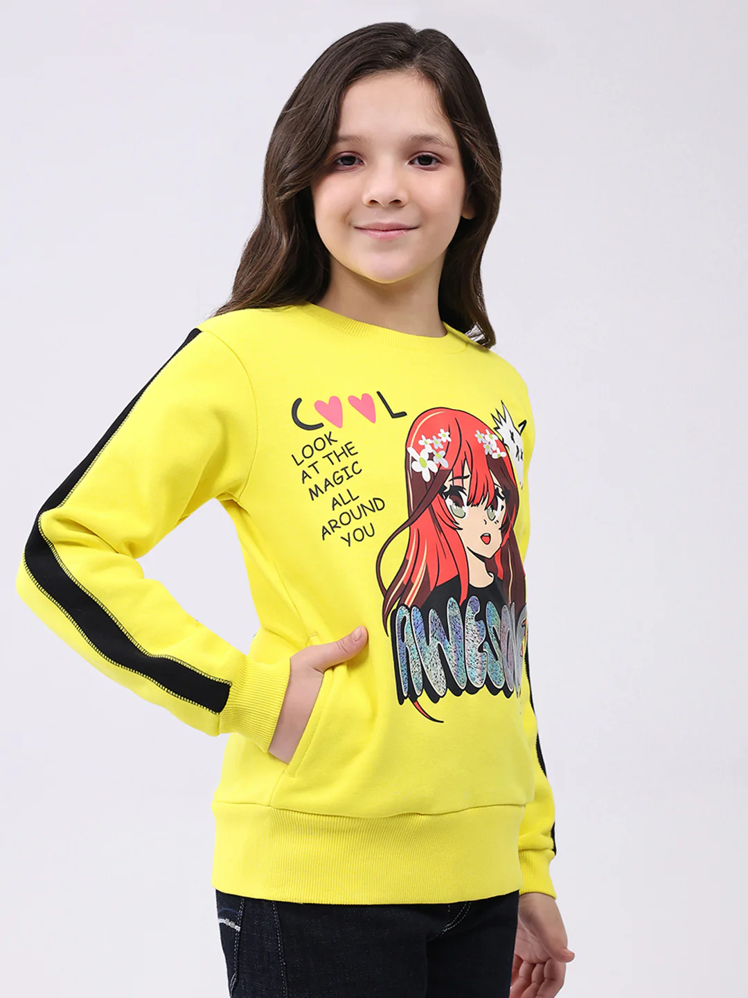 Girls Yellow Printed Round Neck Full Sleeve Sweatshirt - Image 4
