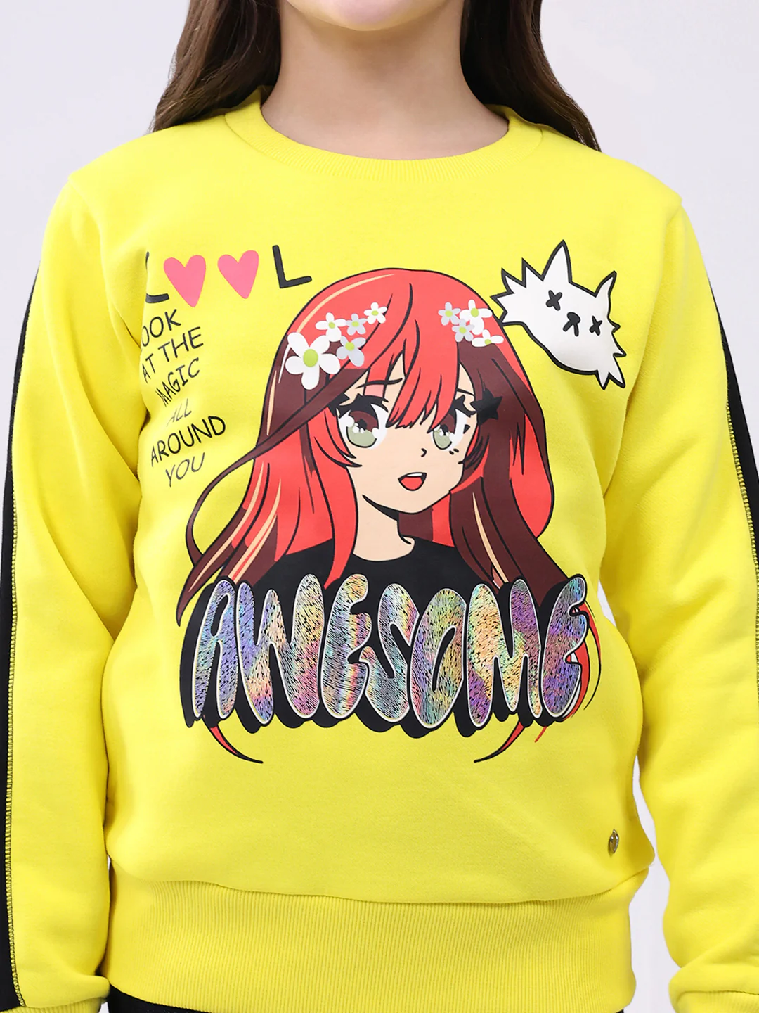 Girls Yellow Printed Round Neck Full Sleeve Sweatshirt - Image 6