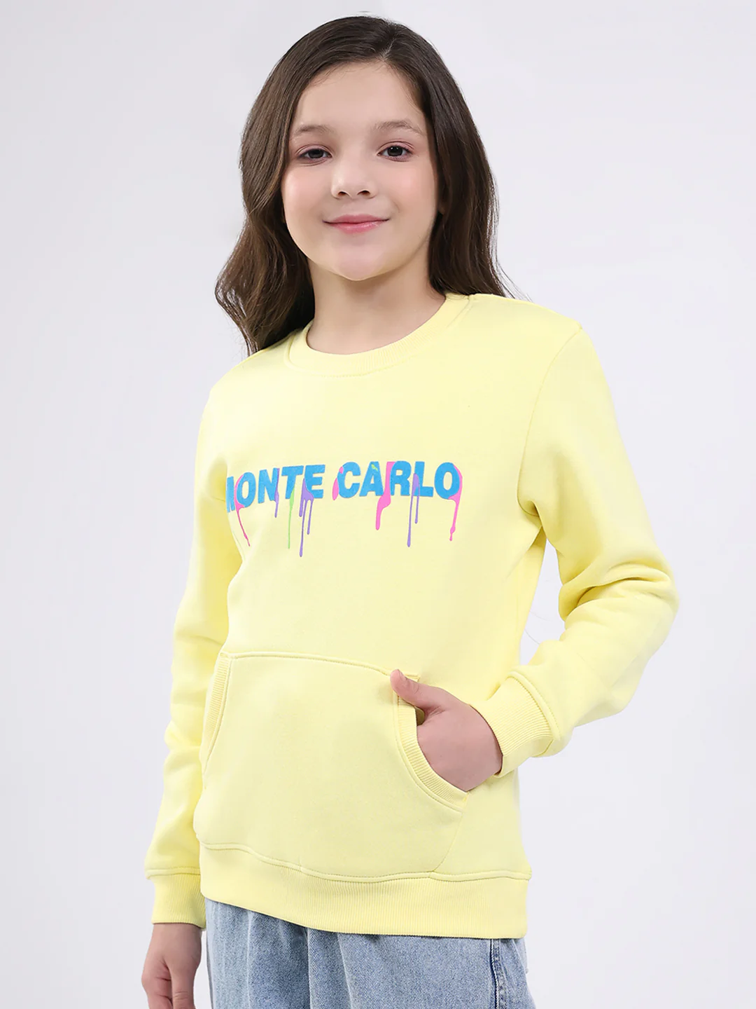 Girls Yellow Printed Round Neck Full Sleeve Sweatshirt - Image 3