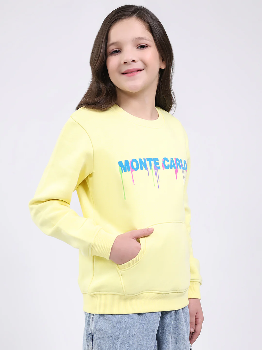 Girls Yellow Printed Round Neck Full Sleeve Sweatshirt - Image 4