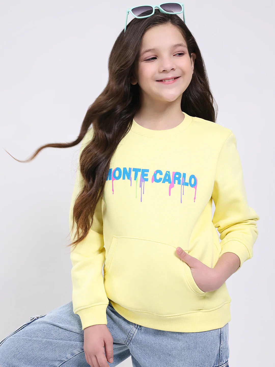 Girls Yellow Printed Round Neck Full Sleeve Sweatshirt - Image 6