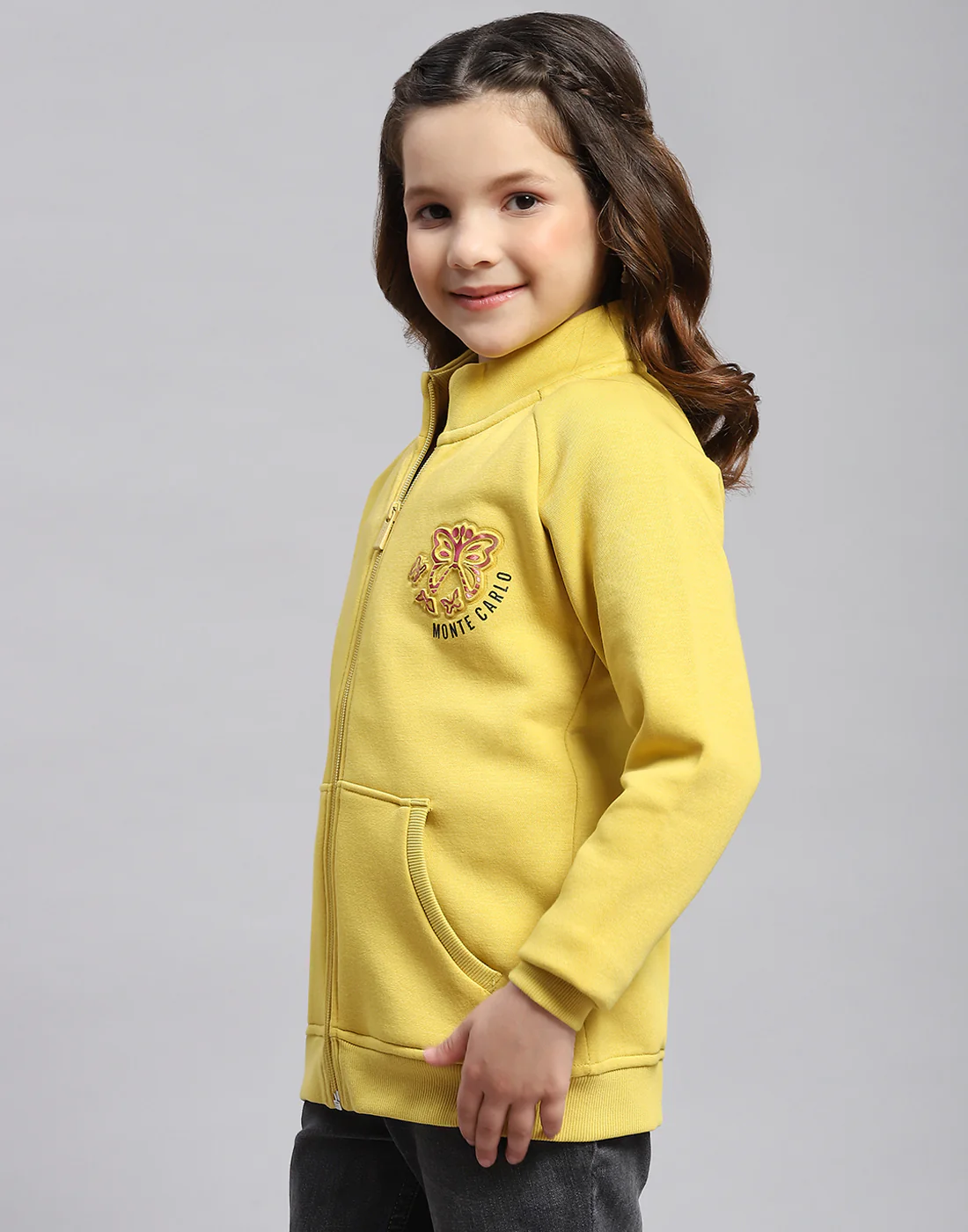Girls Yellow Printed Stand Collar Full Sleeve Sweatshirt - Image 4