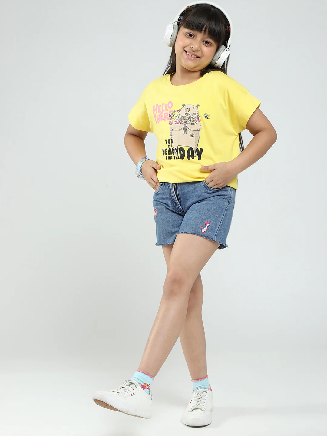 Girls Yellow Printed Round Neck Half Sleeve Top - Image 2