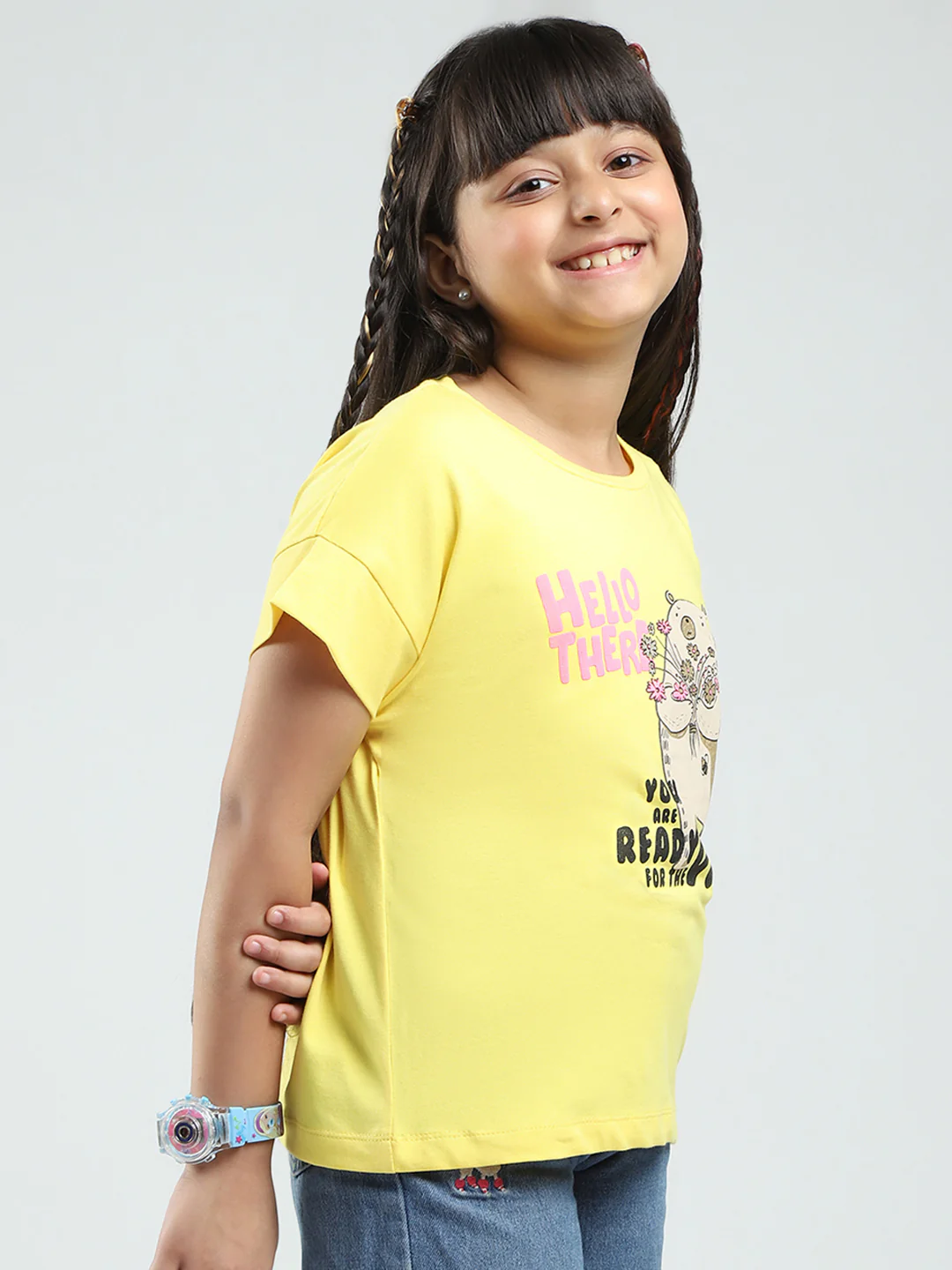 Girls Yellow Printed Round Neck Half Sleeve Top - Image 4