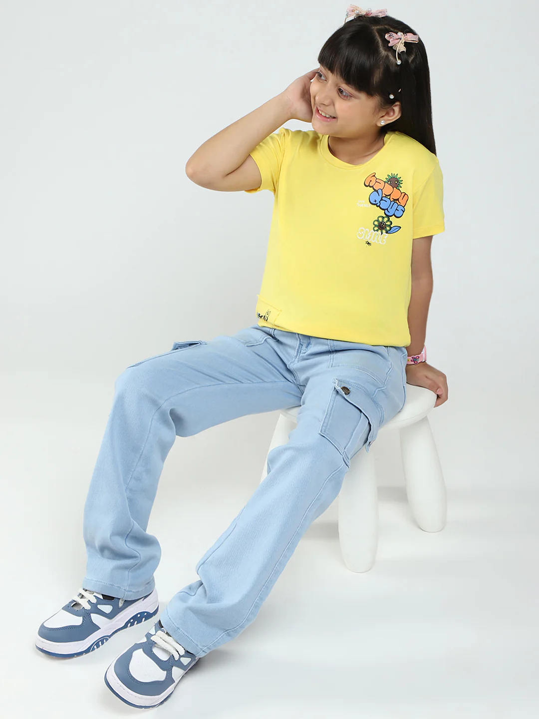 Girls Yellow Printed Round Neck Half Sleeve Top - Image 2