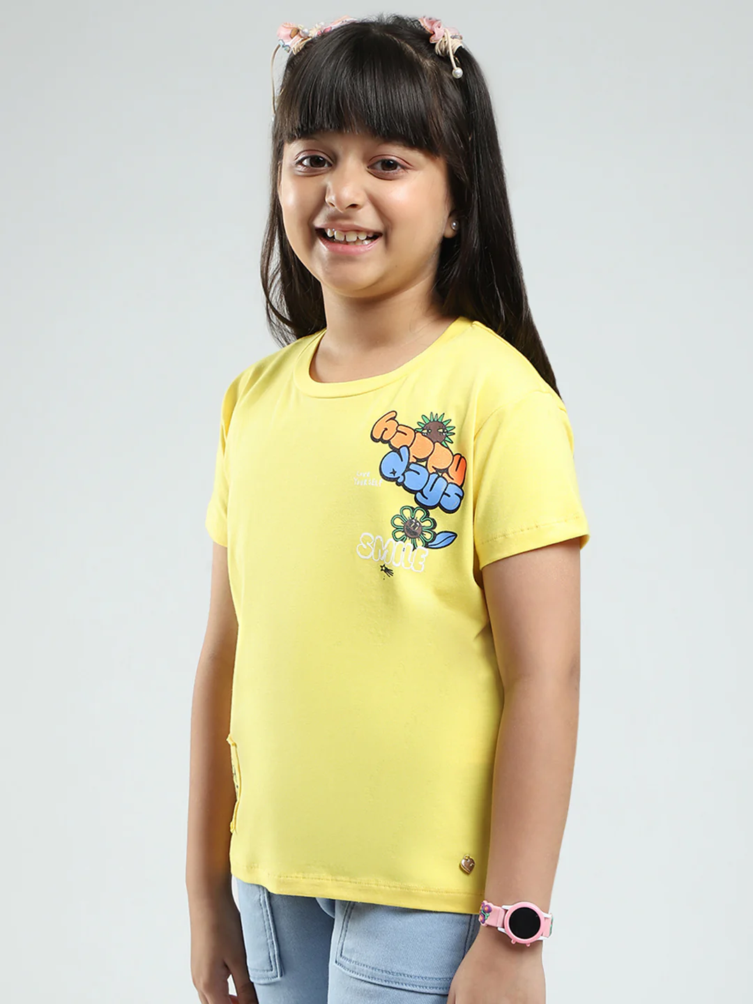 Girls Yellow Printed Round Neck Half Sleeve Top - Image 3