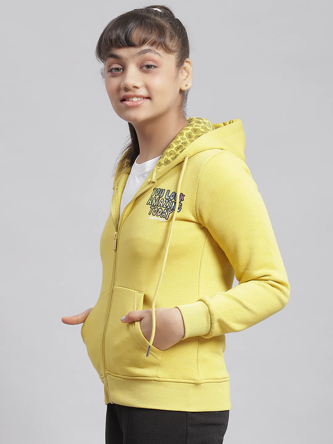 Girls Yellow Solid Hooded Full Sleeve Sweatshirt - Image 3