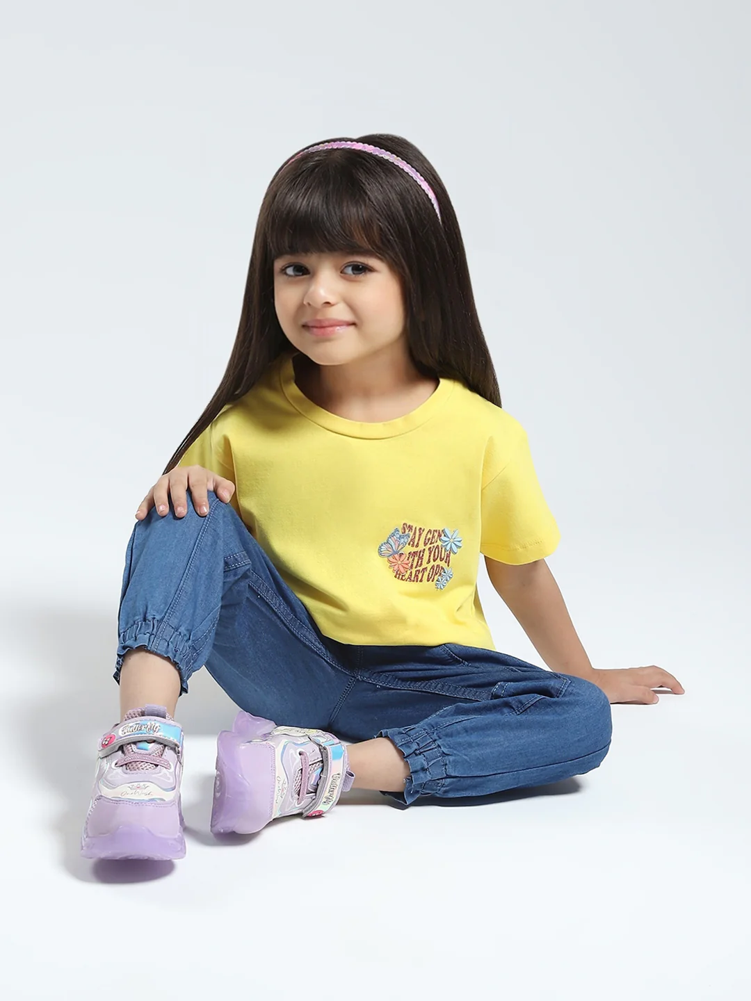 Girls Yellow Solid Round Neck Half Sleeve Top - Image 2