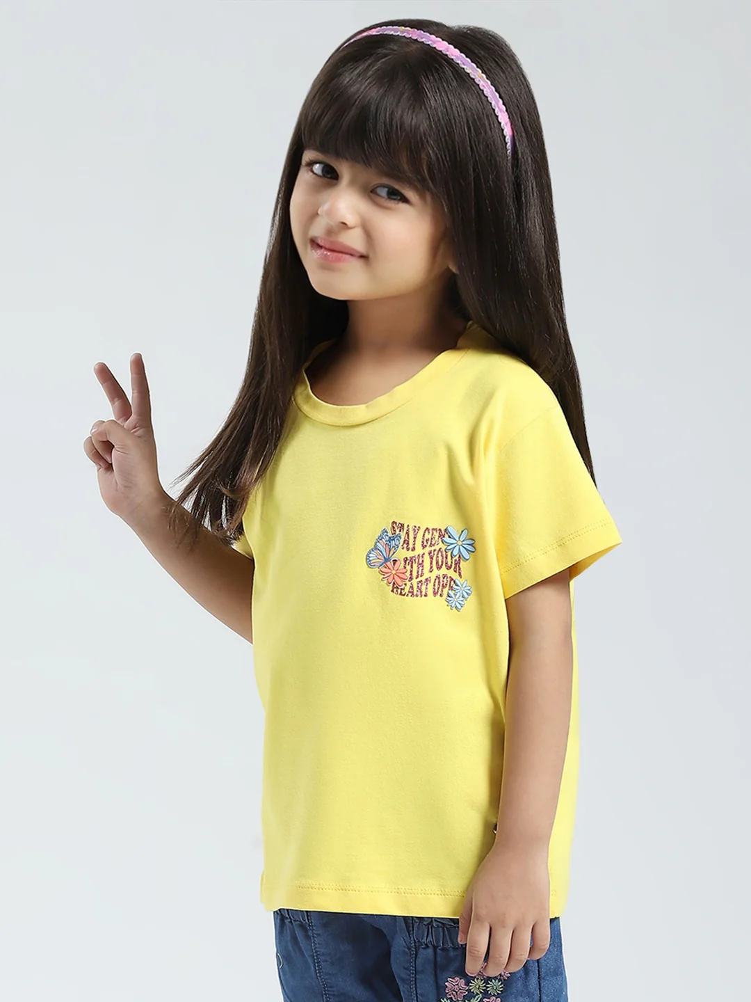 Girls Yellow Solid Round Neck Half Sleeve Top - Image 3