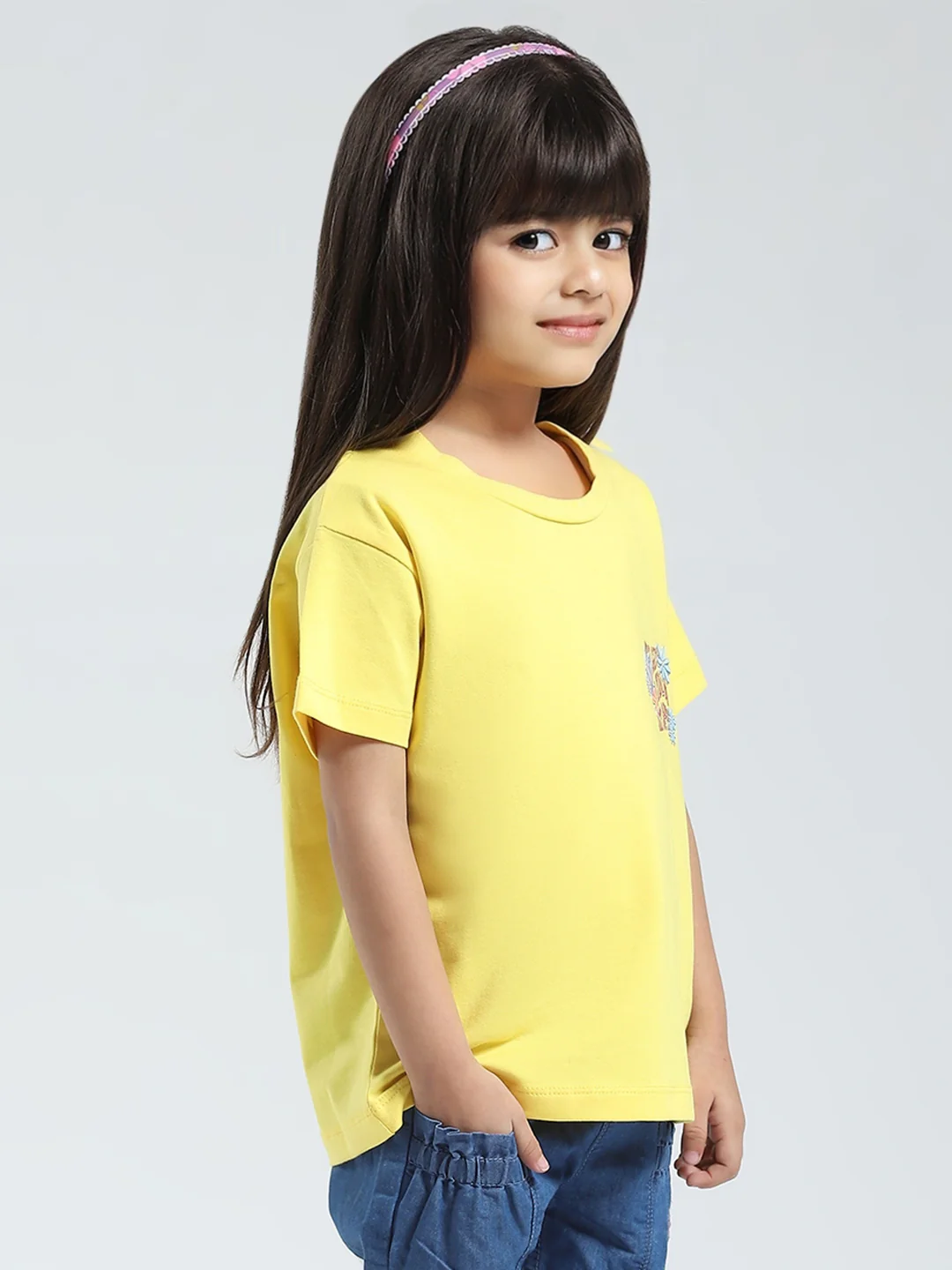 Girls Yellow Solid Round Neck Half Sleeve Top - Image 4