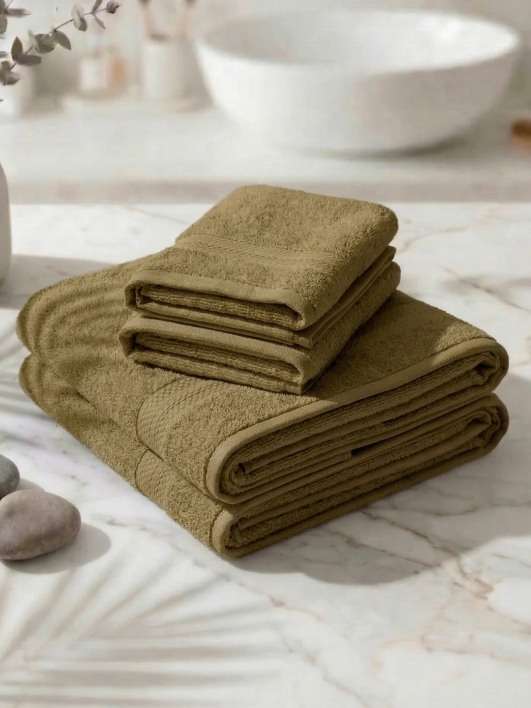 Khaki 100% Cotton Solid 380 GSM Bath Towel Jazz 4 Pc Set Gifting Box Pack - Image 2