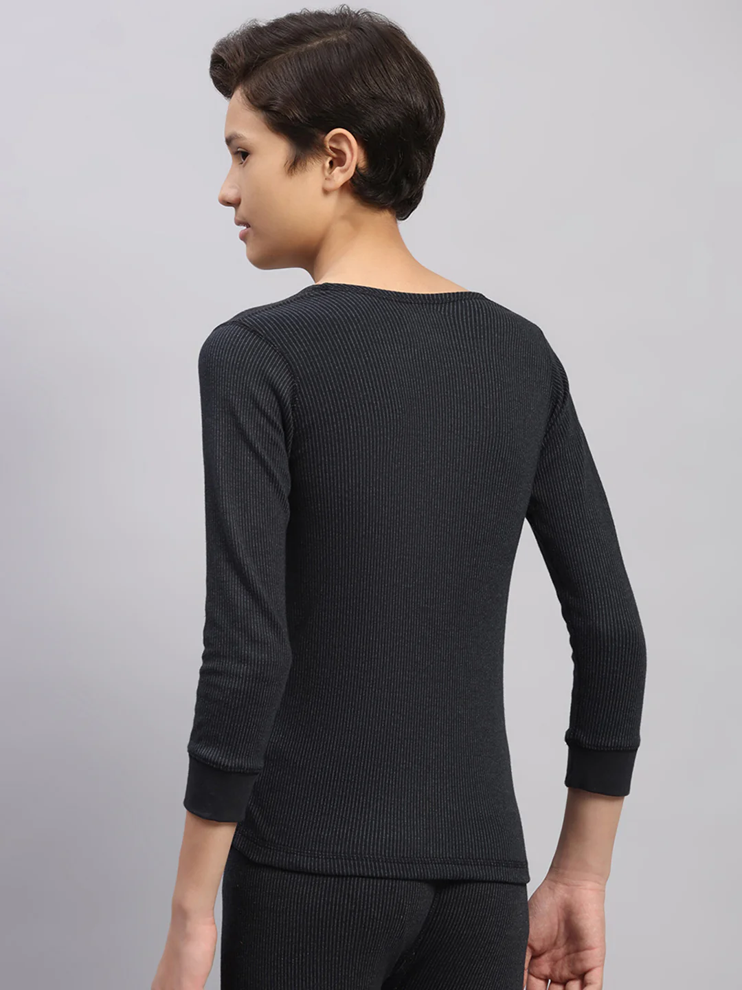 Kids Black Solid Round Neck Full Sleeve Thermal Vest - Image 5