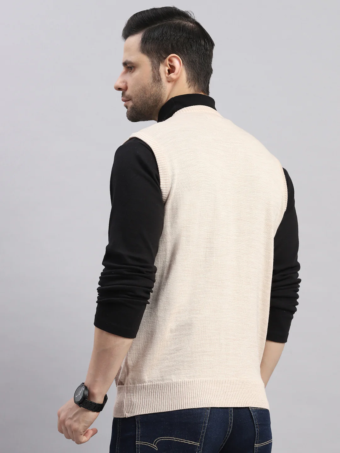 Luxuria Men Beige Printed V Neck Sleeveless Sweater - Image 5