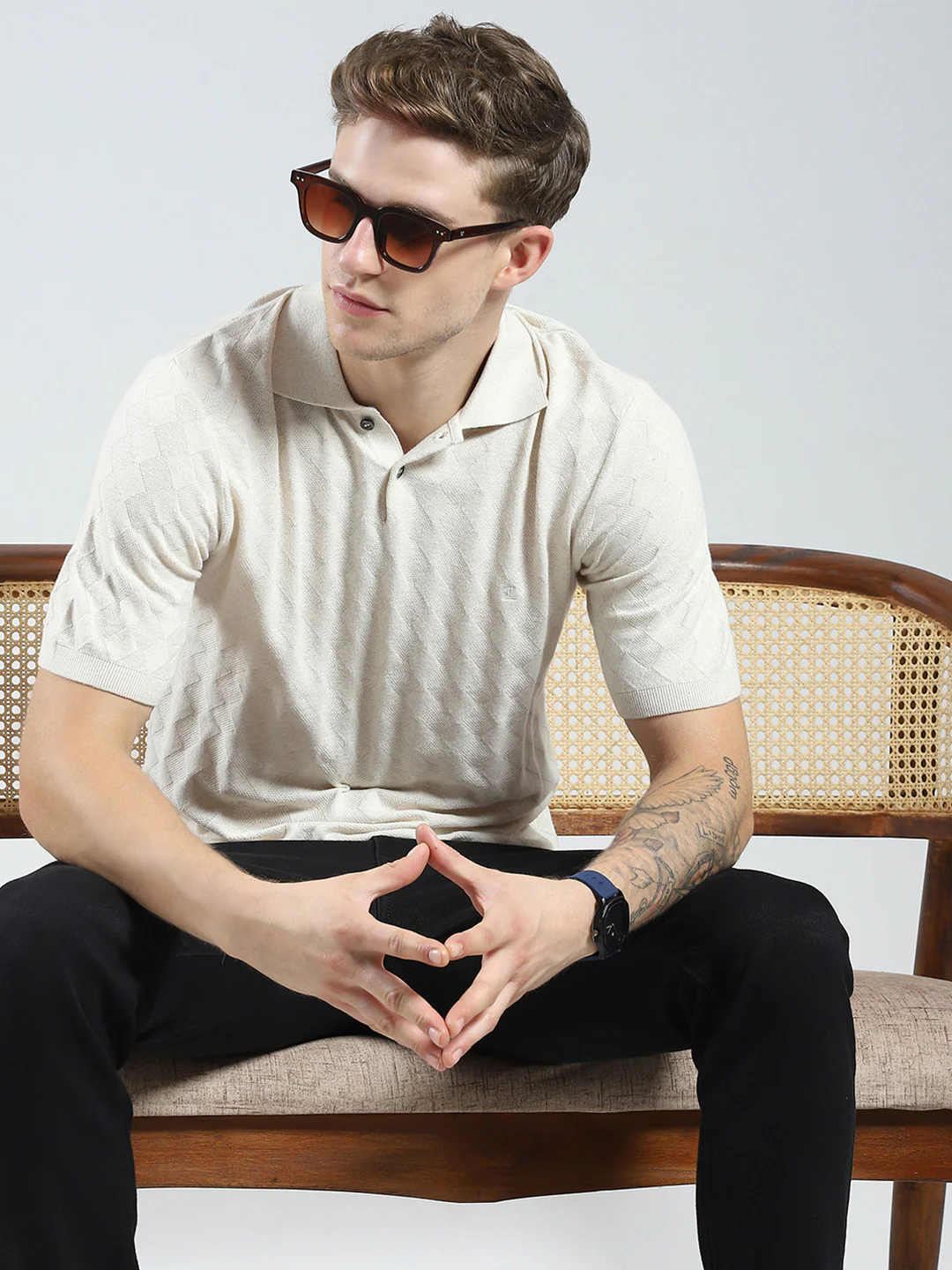 Luxuria Men Beige Self Design Collar Half Sleeve T-Shirt - Image 6