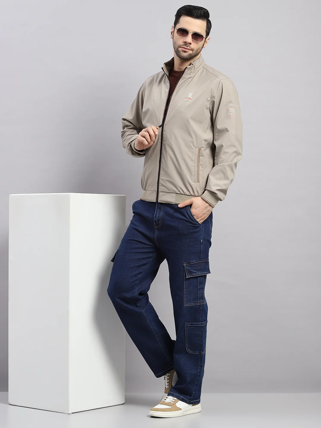 Luxuria Men Beige Solid Stand Collar Full Sleeve Jacket - Image 2