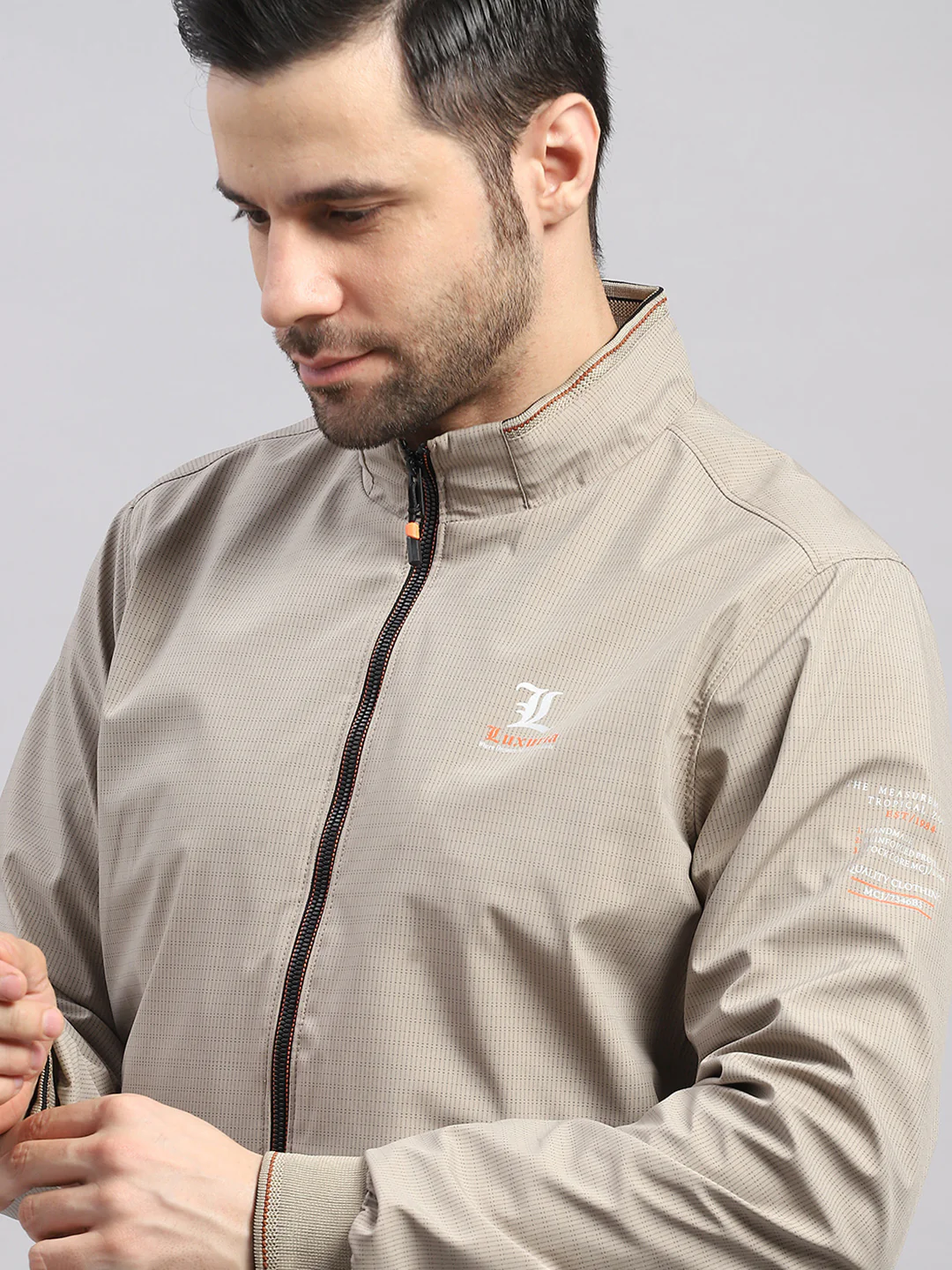 Luxuria Men Beige Solid Stand Collar Full Sleeve Jacket - Image 6