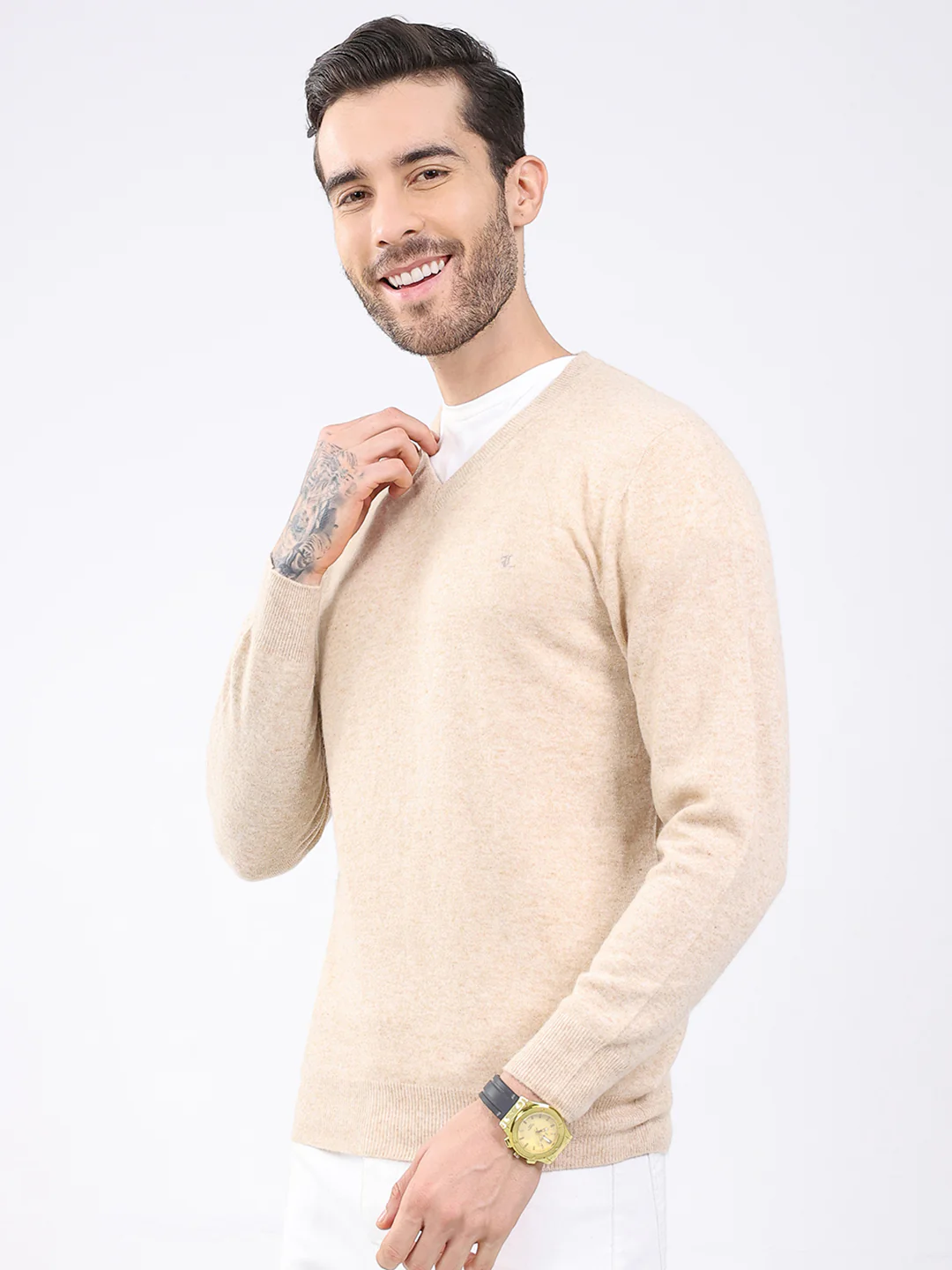 Luxuria Men Beige Solid V Neck Full Sleeve Pullover - Image 3