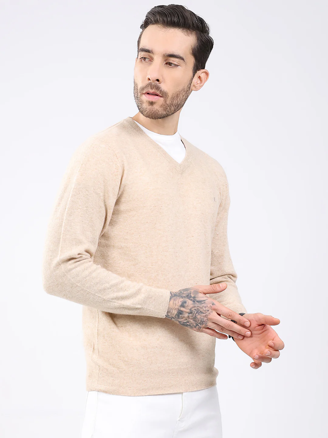Luxuria Men Beige Solid V Neck Full Sleeve Pullover - Image 4